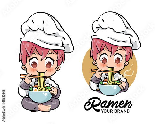 Vector illustration of a cute male chef, eating a bowl of ramen noodles. Can be used as mascot or part of a logo. Drawn with kawaii chibi style.