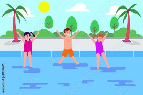 Leisure time vector concept: Group of children jumping into the pool together while enjoying leisure time