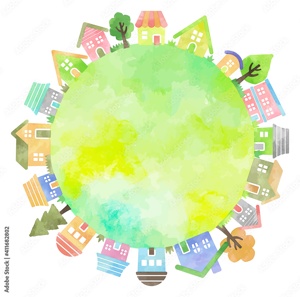 small planet. watercolor vector hand drawn houses illustration