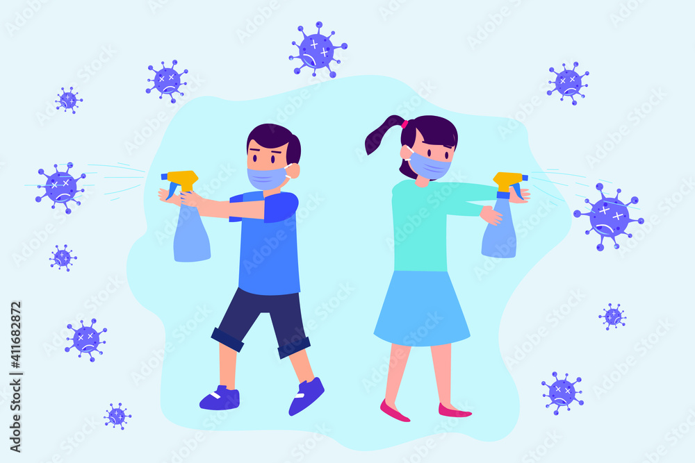 Corona virus vector concept: Two little children spraying corona virus with disinfectant while wearing face mask Corona virus vector concept: Two little children spraying corona virus with disinfectant while wearing face mask