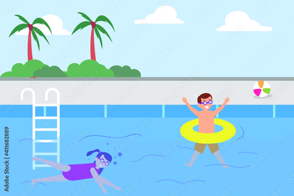 Obraz premium Leisure time vector concept: Two little children swimming together in the pool while enjoying leisure time