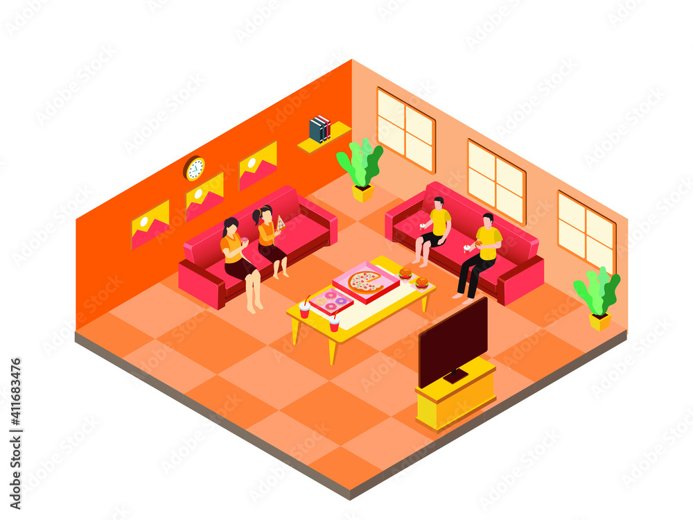 Happy family sitting in living room while using laptop, mobile phone and drawing. Isometric vector concept