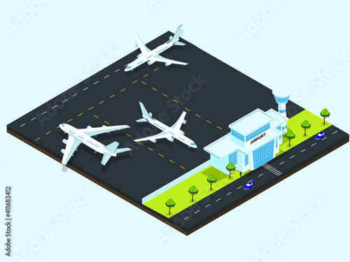 Airport with airplanes getting ready for flight. Isometric vector concept