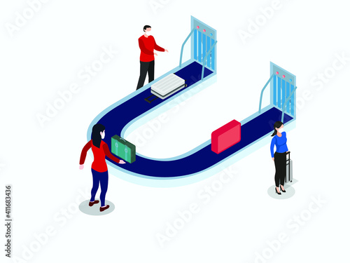 Passenger taking their luggage on the baggage conveyor belt at the airport. Isometric vector concept
