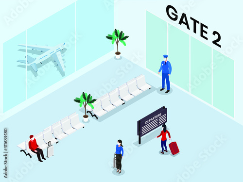 Fototapeta Naklejka Na Ścianę i Meble -  Departure lounge at the airport with seating and aircraft preparing for flight in the background
