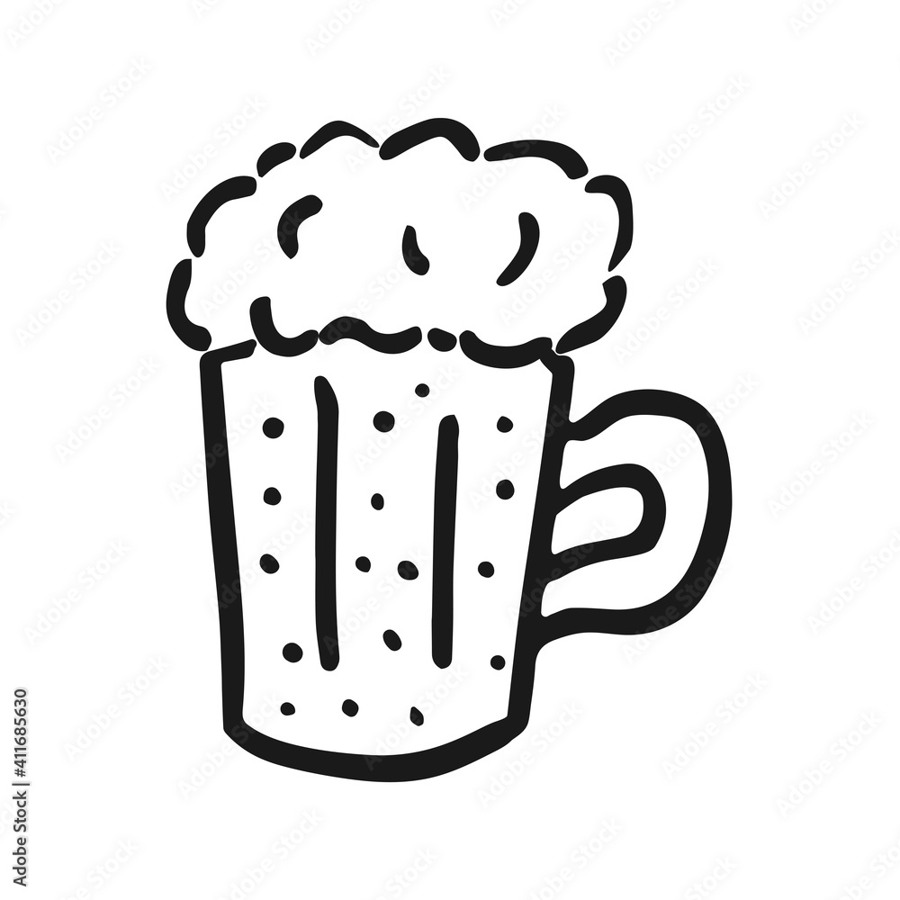 Vector beer icon in hand drawn style. Outline symbol ale. Isolated illustration on white background. Design for print and coloring books. Cartoon pictogram for game. Doodle glass of beer. Vector beer icon in hand drawn style. Outline symbol ale. Isolated illustration on white background. Design for print and coloring books. Cartoon pictogram for game. Doodle glass of beer.