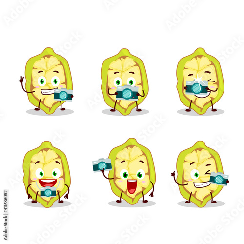 Photographer profession emoticon with slice of cupuacu cartoon character © kongvector