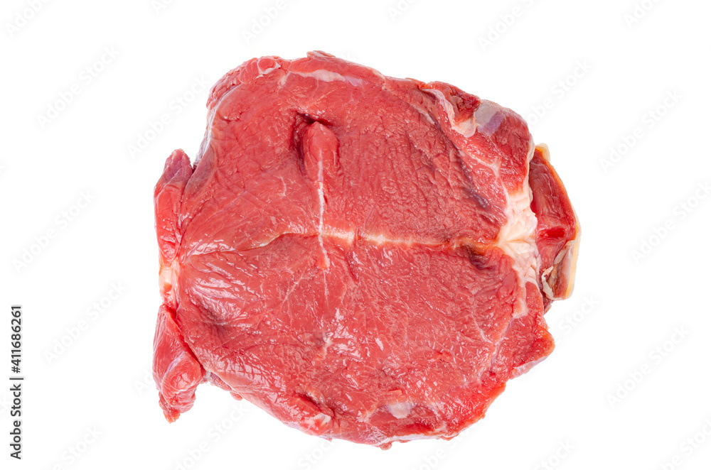 Pieces of fresh red young beef isolated on white background. Studio Photo