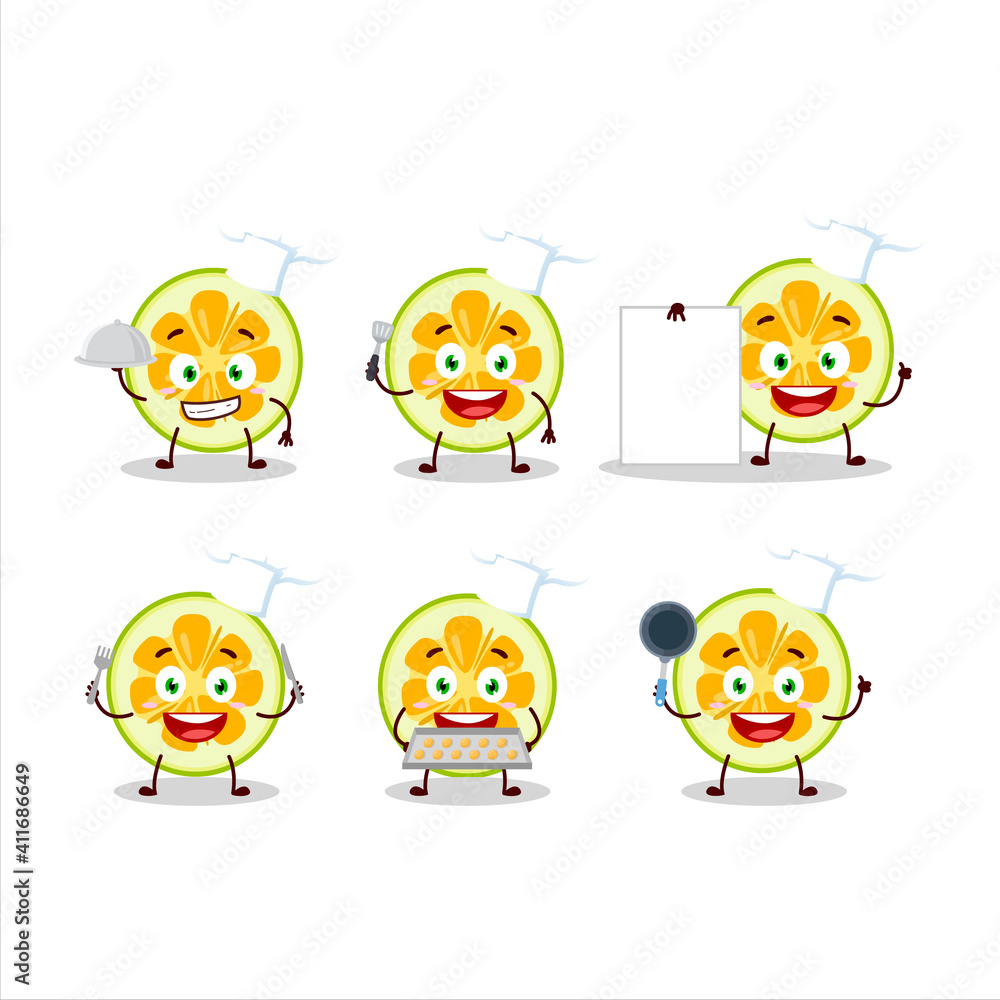 Cartoon character of slice of jackfruit with various chef emoticons Cartoon character of slice of jackfruit with various chef emoticons