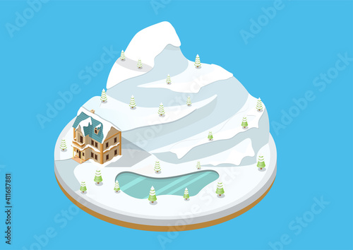 Isometric winter mountain with resort hotel