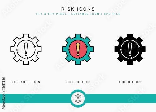 Risk icons set vector illustration with solid icon line style. Exclamation mark alert concept. Editable stroke icon on isolated background for web design, user interface, and mobile application