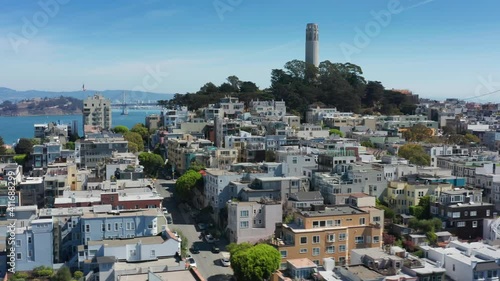 San Francisco, CA, USA. Dense development of the Bay Area with skyscrapers. Golden Gate Bridge as seen from business block of the city. High quality 4k footage