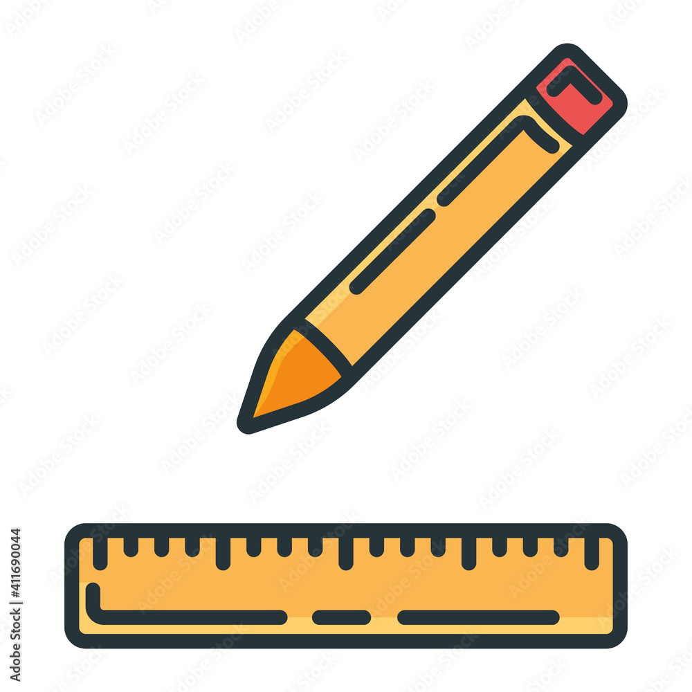 Concept pencil, wooden ruler icon, writing pen and measuring utensils stuff for drawing flat line vector illustration art, isolated on white. Concept pencil, wooden ruler icon, writing pen and measuring utensils stuff for drawing flat line vector illustration art, isolated on white.