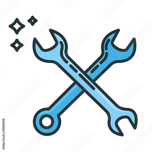 Concept wrench construction tool icon, spanner toolkit professional instrument flat line vector illustration, isolated on white.