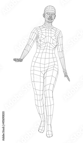 Wireframe walking woman. Vector
