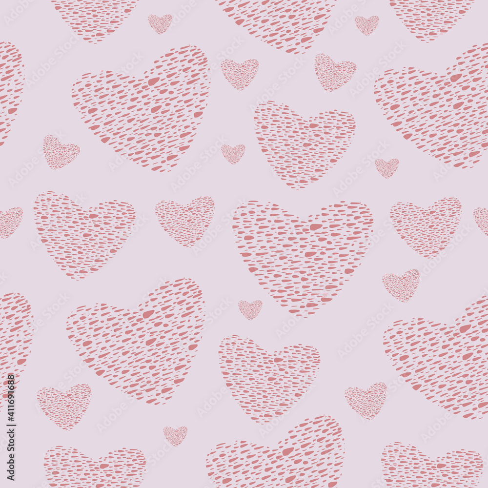 February 14 seamless pattern. Pink hearts in beautiful drawing style on purple background. Vector abstract illustration. Vector set. Cute illustration. Romantic background. Isolated vector hearts.