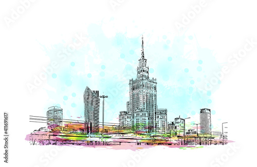 Building view with landmark of Poland is the
country in Europe. Watercolor splash with hand drawn sketch illustration in vector.