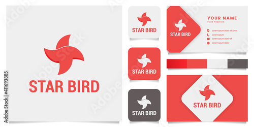 Simple and minimalist ninja star bird with business card, icon, and color palette