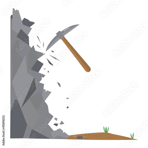 Geological jackhammer. Impact hand tools. Rock, stones, fragments. The concept of mining rocks and minerals. Vector illustration. Flat style.