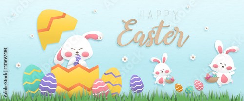 Happy easter day card design color pastel background wallpaper paper art style with 3 bunny holding basket and eggs running on a grass field
Vector illustration.
