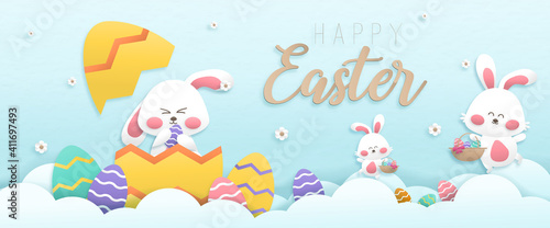 Happy easter day card design color pastel background wallpaper paper art style with three bunny holding basket and eggs vector illustration.