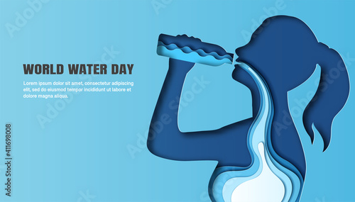 World Water Day, save water, a woman drinking water, and the water flow through her body, Paper illustration and 3d paper.