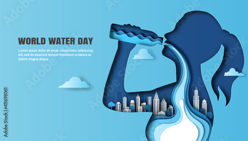 World Water Day, save water, a woman drinking water, and the water flow through her body with a city background, Paper illustration, and 3d paper.