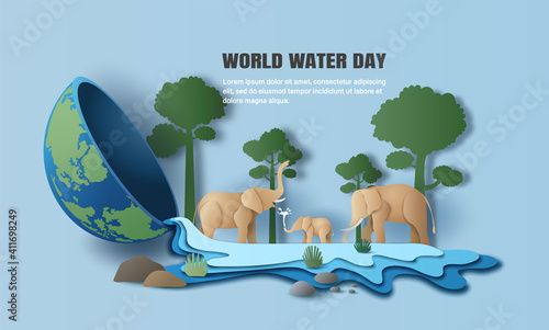 World Water Day, save water, a landscape of elephant family with water flow through the earth, paper illustration and 3d paper.
