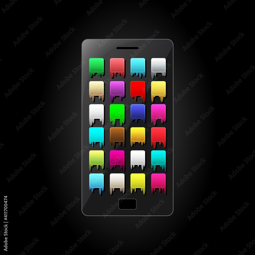 A mobile phone with streaks on the icons. Abstract vector illustration of the phone screen with the image of communication icons with streaks. A blank for creativity. A mobile phone with streaks on the icons. Abstract vector illustration of the phone screen with the image of communication icons with streaks. A blank for creativity.
