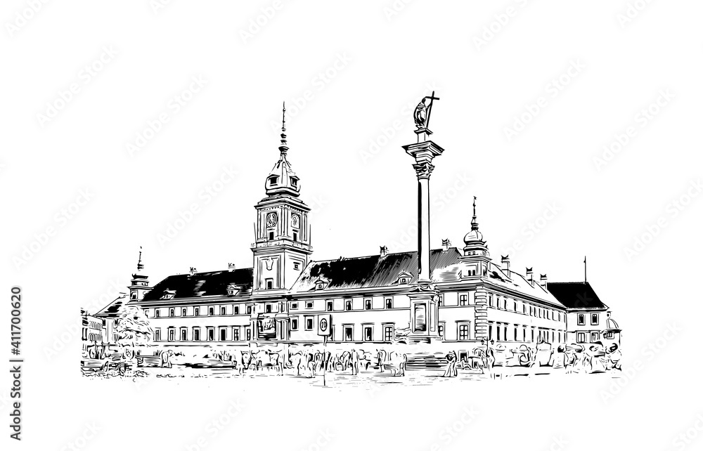 Building view with landmark of Poland is the
country in Europe. Hand drawn sketch illustration in vector.