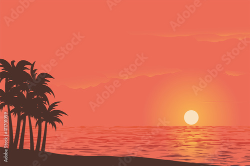 Vector illustration of sunset view on beautiful sky with palm trees on sandy beach with gradient color background concept