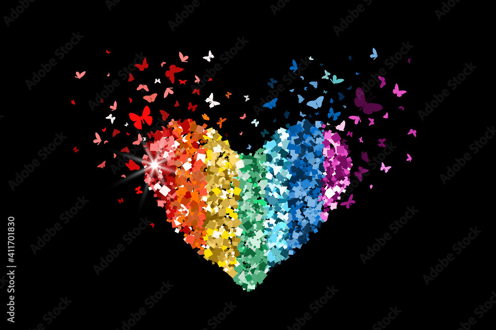 Heart glitter rainbow colors icon with glitter glow confetti