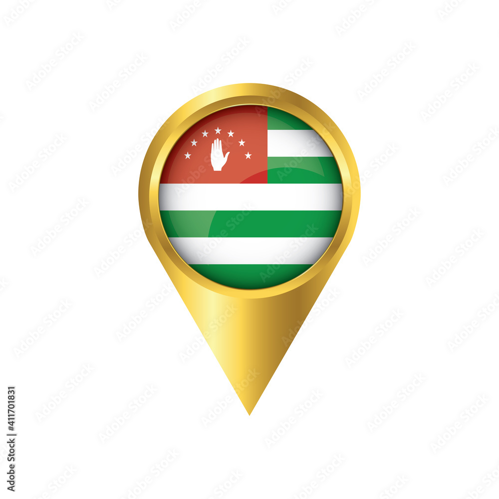 Flag of Abkhazia.symbol check in Abkhazia, golden map pointer with the national flag of Abkhazia in the button. vector illustration. Flag of Abkhazia.symbol check in Abkhazia, golden map pointer with the national flag of Abkhazia in the button. vector illustration.