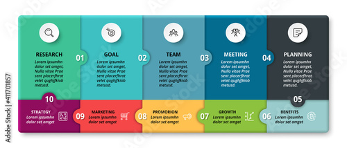 A working structure in a jigsaw design can describe the workflow and convey ideas through 10 steps by vector infographic design.