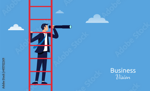 Businessman standing on ladder with telescope. Business vision vector illustration