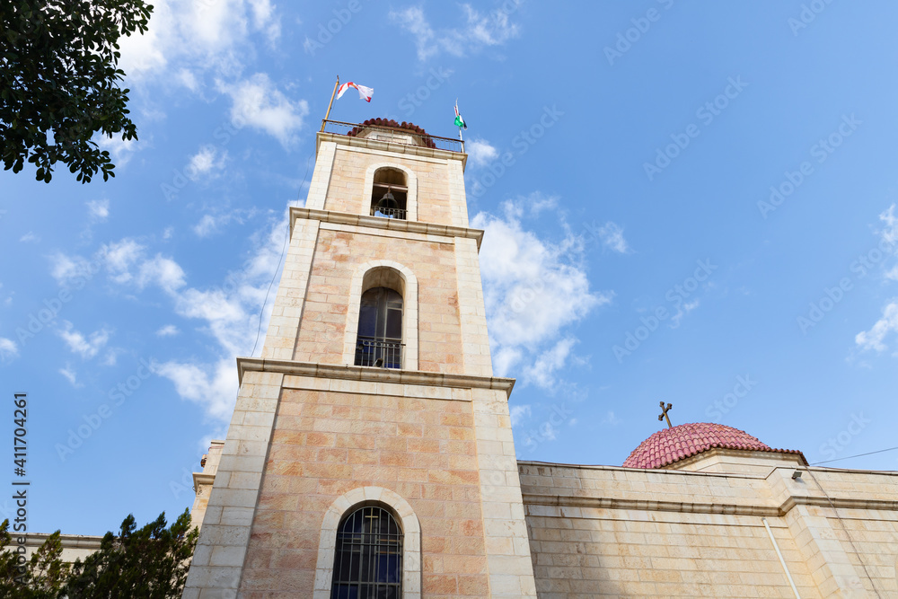 The high bell tower on site of the Greek Orthodox Shepherds Field in Beit Sahour, in the Palestinian Authority, Israel
