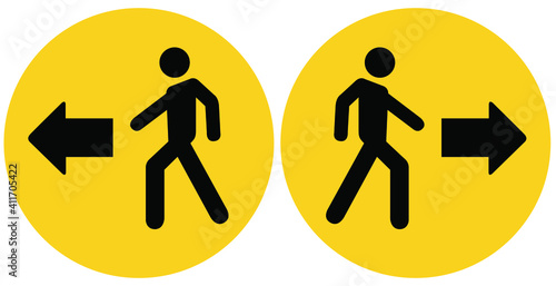 Social distancing concept for preventing coronavirus covid-19 with One way or work way sign, exit this way in black man icon and arrow on yellow circle black background 