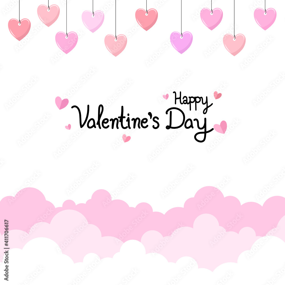 Happy Valentines Day background with hearts and clouds.