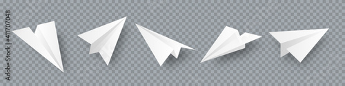 Realistic handmade paper planes collection on transparent background. Origami aircraft in flat style. Vector illustration.
