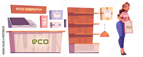 Eco cosmetics shop furniture and woman seller isolated on white background. Vector cartoon set of beauty store interior with wooden counter, cashbox, natural skincare products in boxes and showcase
