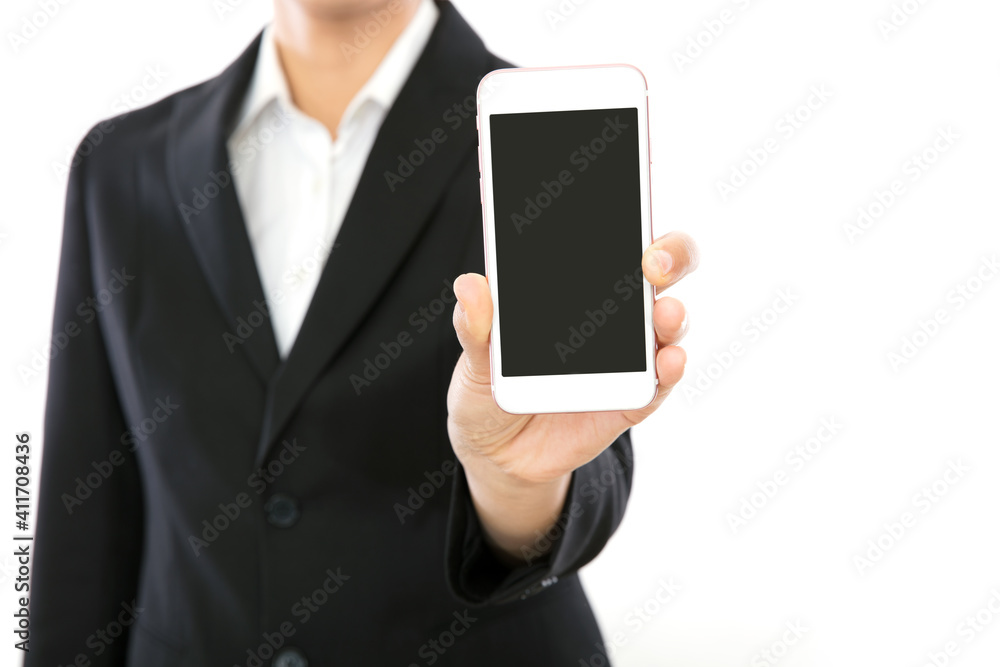 White collars in suits show others their smart phones with black screen White collars in suits show others their smart phones with black screen
