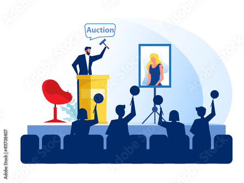 Auction business concept, Selling portrait painting. website landing page design template Vector Illustration.