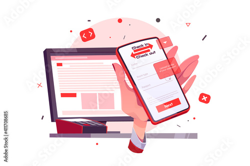 Online booking, hotel room reservation internet service. Human hand hold smartphone with app check in and check out form on mobile phone screen, pc monitor and pos terminal Cartoon vector illustration