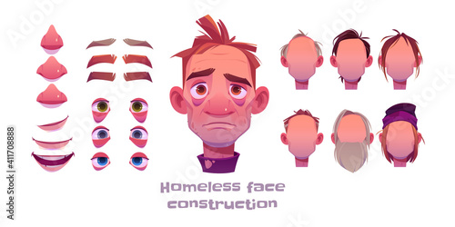 Homeless man face construction, avatar creation with different head parts isolated on white background. Vector cartoon set of beggar, poor character eyes, noses, hairstyles, brows and lips