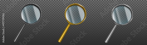 Magnifying glasses, loupes with clear lenses isolated on transparent background. Vector realistic set of golden, silver and black plastic magnifiers, optical zoom tool for document scrutiny