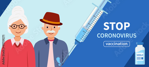 Banner Stop coronavirus. Vaccination of elderly people to protect. concept of combating coronavirus. Blue Vector illustration in flat style