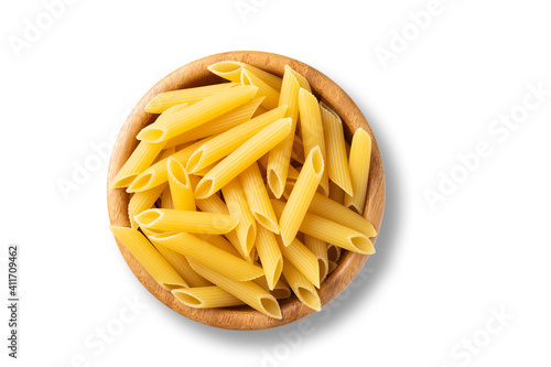 pasta in a wood bowl isolated on white background