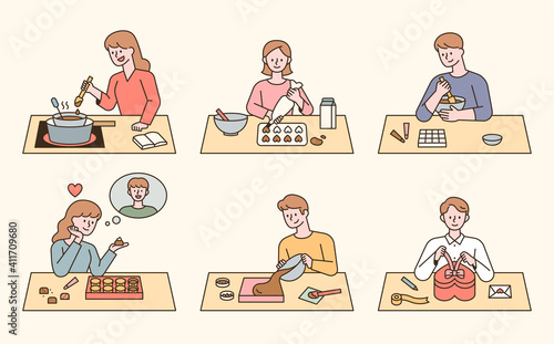 People who make Valentine's Day chocolate gifts. The order of making chocolate. flat design style minimal vector illustration.