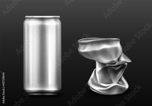 Crumpled aluminium can, empty container for soda or beer. Vector realistic mockup of metal trash for recycle, crushed tin can for drink. Recycling garbage isolated on gray background