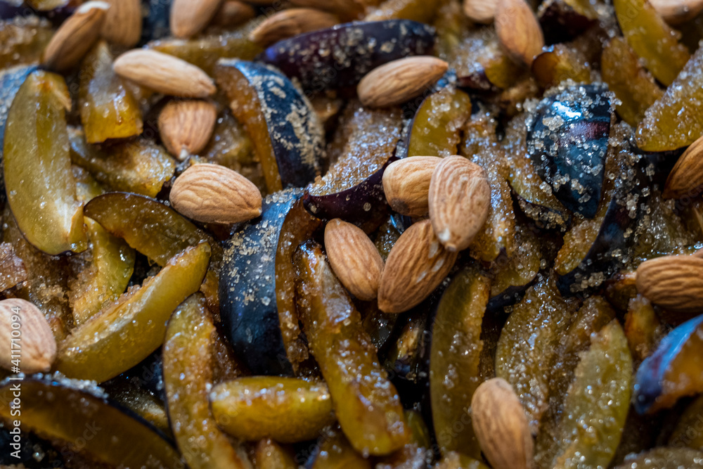 plum, sugar, almonds, cloves, cinnamon sticks, chocolate. plum, sugar, almonds, cloves, cinnamon sticks, chocolate.